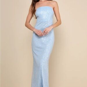 Perfectly Luxurious Light Blue Pearl Strapless Maxi Dress